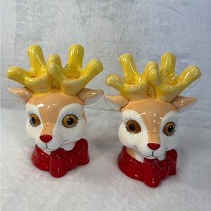 Festive Vtg Yellow Antlers Brown Reindeer Red Bow Christmas Salt Pepper Shakers